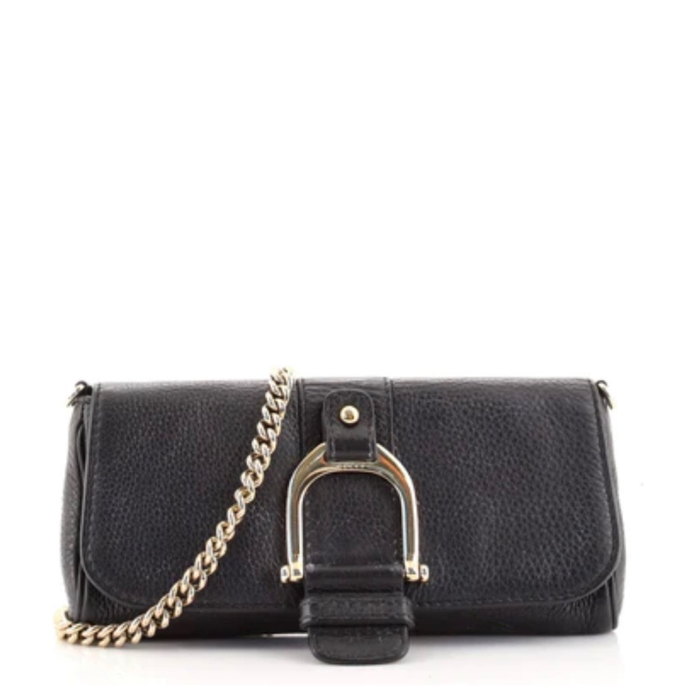 LAST CHANCE:Gucci Greenwich Chain Shoulder Bag Black Leather - horsebit design
